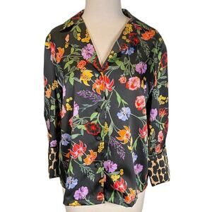 Who What Wear Black Floral Satin Button-Down Blouse – Size Small NWOT Wide Cuffs